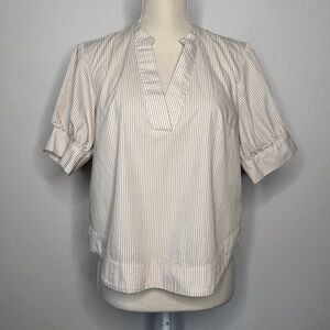 Anthropologie Stripe Split Neck Tan White Cotton Blouse Button Sleeve Size S